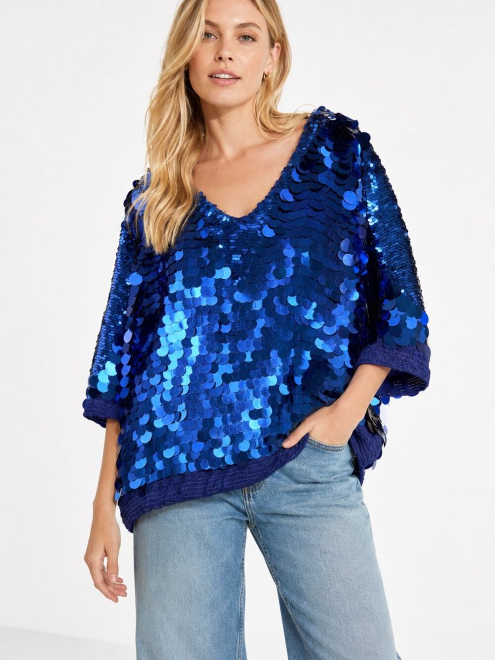 Jack Mulqueen Blue Sequin Silk Top S